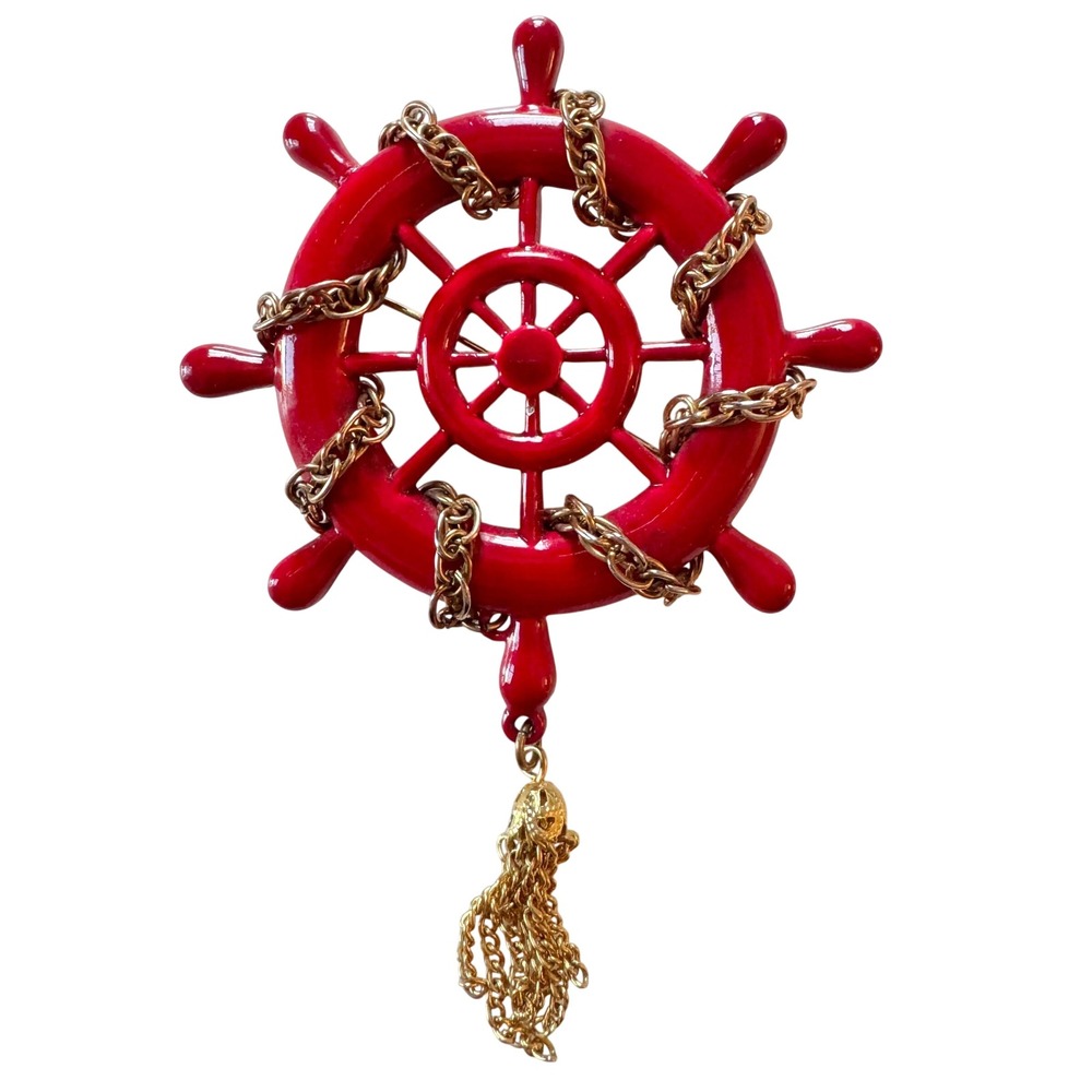 Vintage 1960s‎ Red Ship Wheel Brooch Gold Tassel Nautical Helm Pin Mid Century